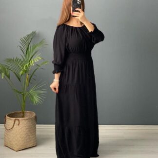 پیراهن ساحلی مشکی کمرکش نخ ململ