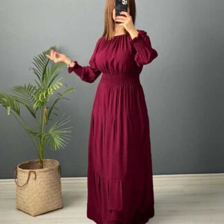 پیراهن ساحلی زرشکی کمرکش نخ ململ