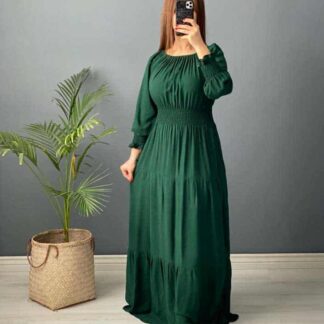 پیراهن ساحلی سبز کمرکش نخ ململ